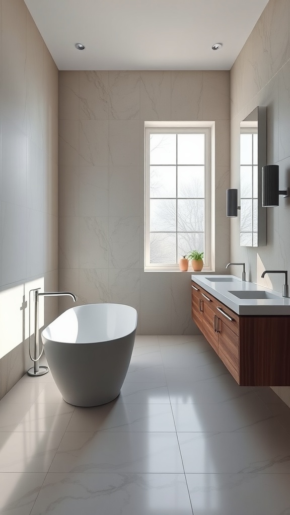 Modern bathroom featuring a freestanding tub, wooden vanity, and large window.