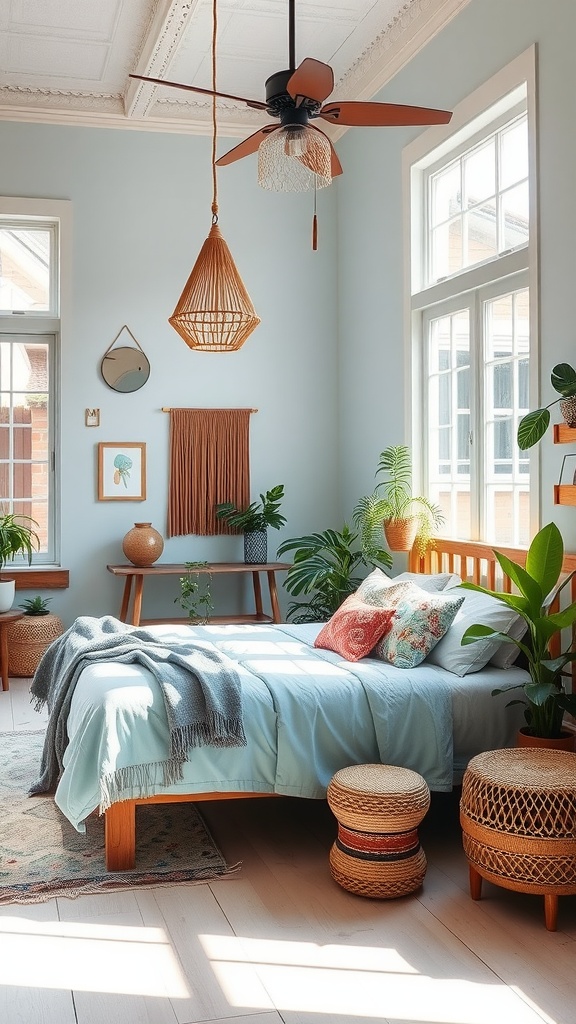 A modern bohemian bedroom featuring light blue walls, wooden furniture, and various plants for a cozy atmosphere.