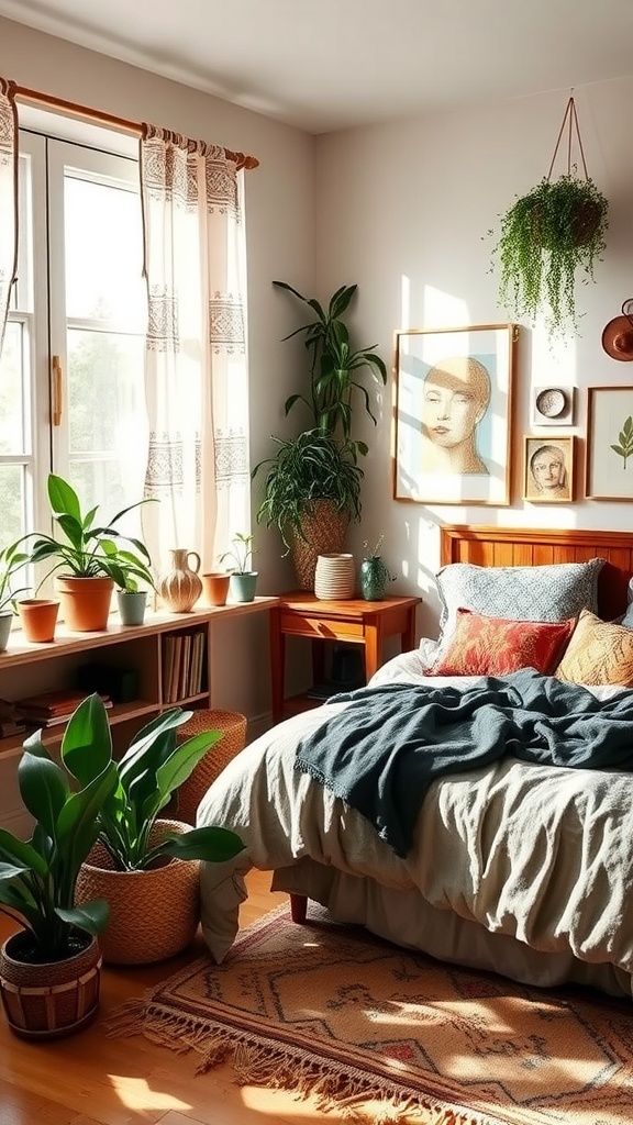 A bright, cozy bedroom featuring plants, wooden furniture, and bohemian decor.