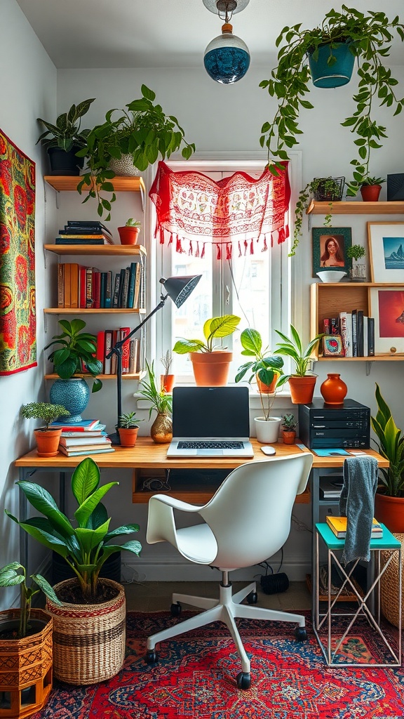A cozy modern bohemian home office with plants, bookshelves, and a desk.