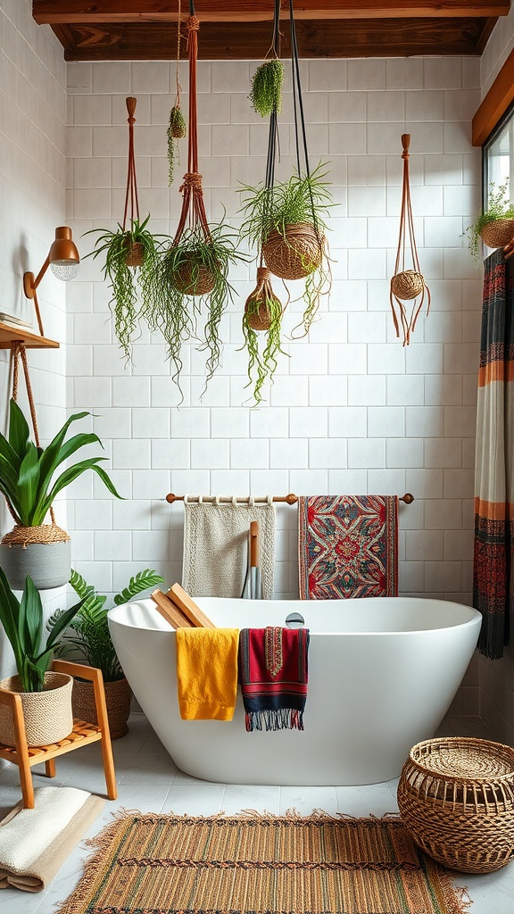 A modern boho bathroom featuring a freestanding tub, hanging plants, and colorful textiles.