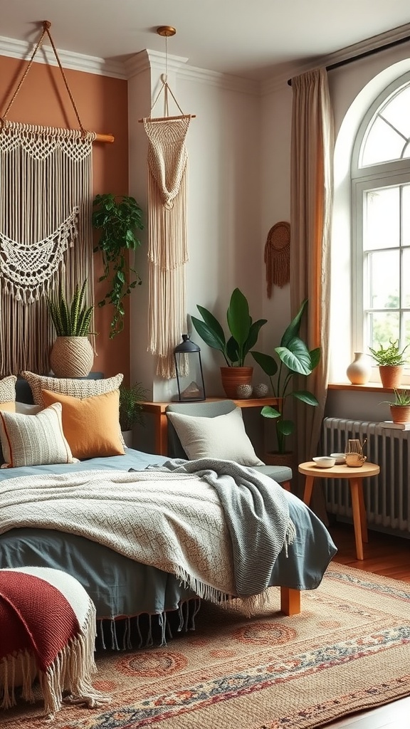 A modern boho bedroom featuring macramé wall hangings, plants, and colorful cushions.