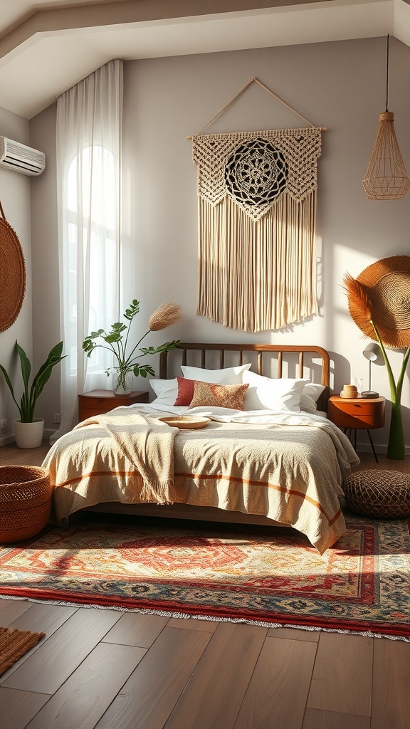 A modern boho bedroom featuring a macramé wall hanging, neutral bedding, and natural decor.