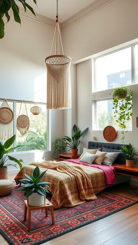 A modern boho chic bedroom featuring high ceilings, vibrant plants, colorful bedding, and macramé decor.