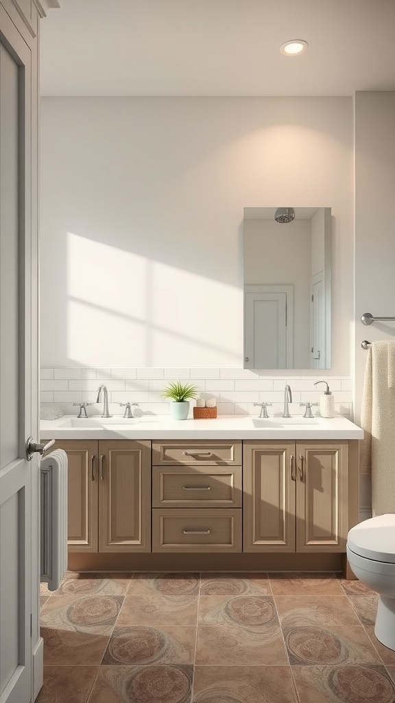 Modern transitional bathroom with light brown cabinets and white countertop