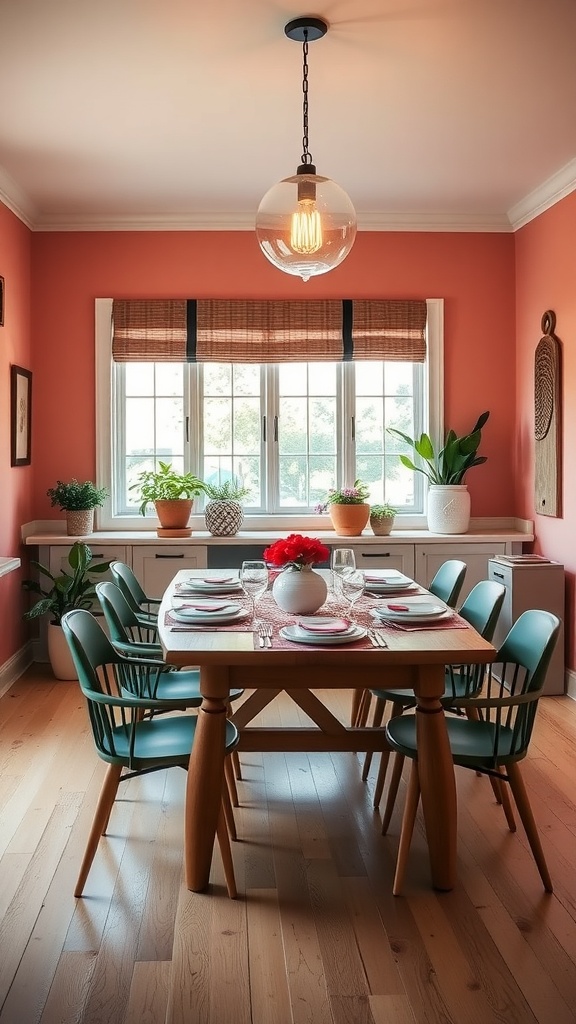 A modern farmhouse dining room with coral walls, a wooden table, green chairs, and a bright centerpiece.