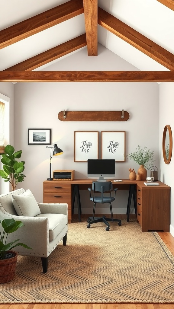 A modern farmhouse office space featuring wooden beams, a desk, a computer, and a cozy armchair.