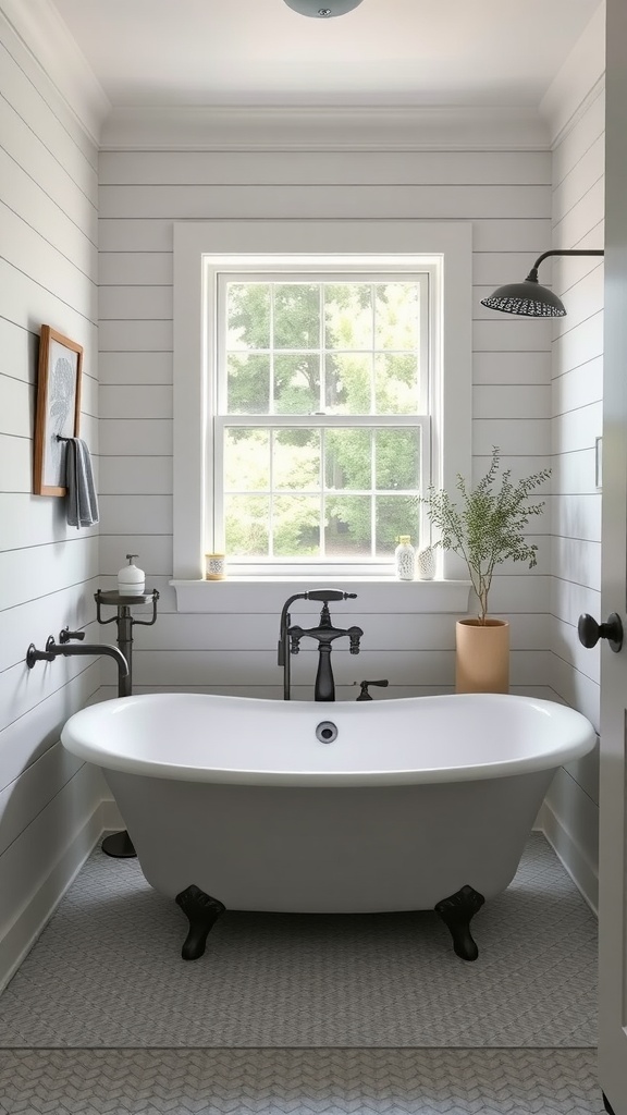 A modern farmhouse bathroom featuring white shiplap walls, a clawfoot tub, and black fixtures.