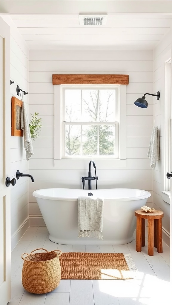 A modern farmhouse bathroom featuring white shiplap walls, a freestanding tub, wooden accents, and black fixtures.