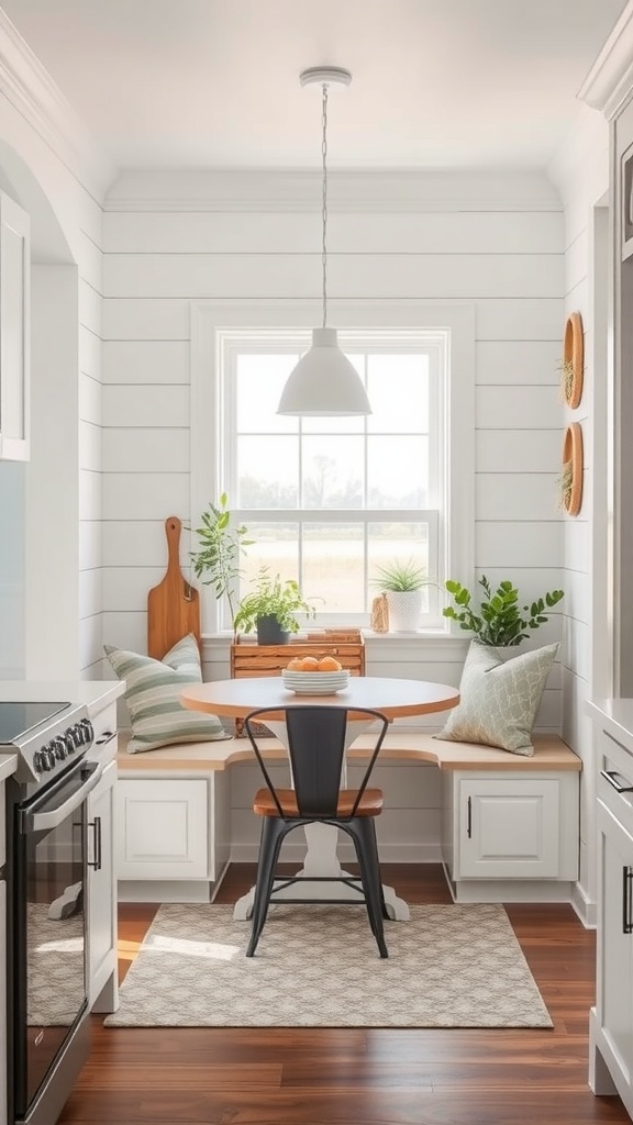 Cozy kitchen nook with a round wooden table, built-in bench, and plants at the window