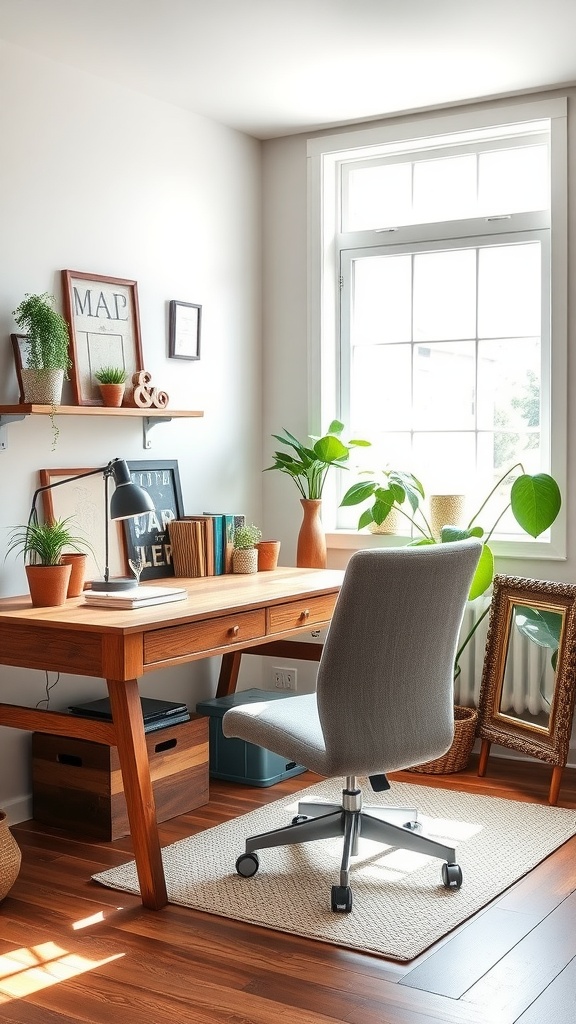 A modern farmhouse home office setup featuring a wooden desk, a comfortable chair, and green plants by a large window.