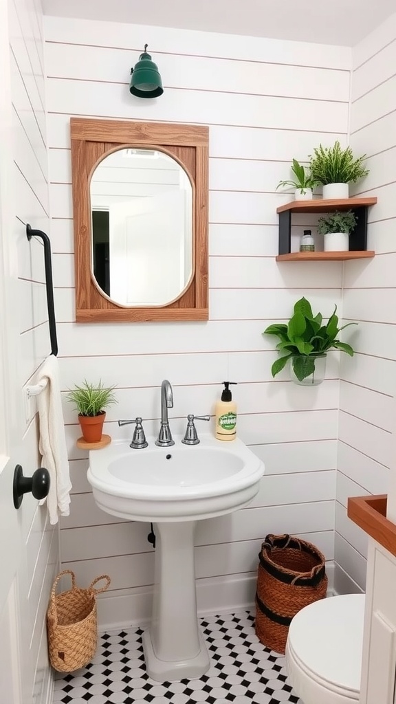 Modern farmhouse powder bathroom with shiplap walls, round mirror, and plants.