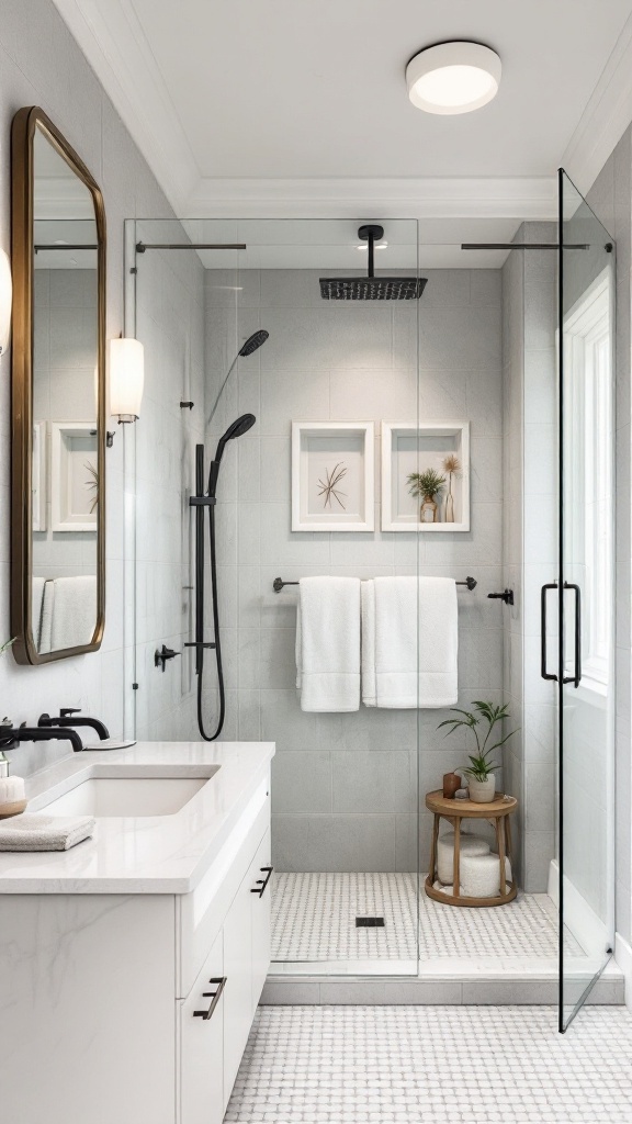 Modern bathroom fixtures with a sleek showerhead and minimalist sink.