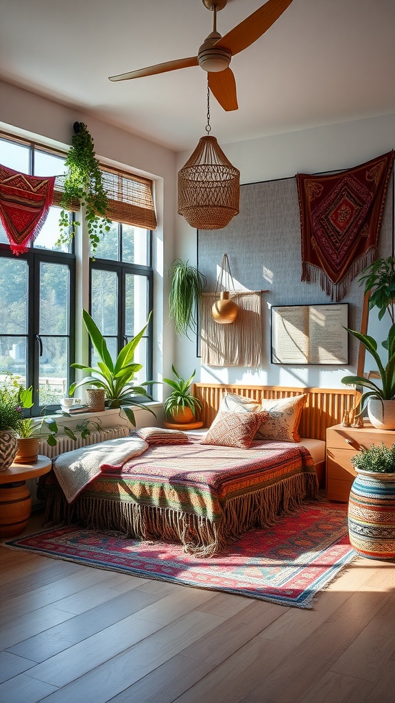 A cozy boho bedroom featuring a colorful bedspread, plants, and decorative wall hangings.