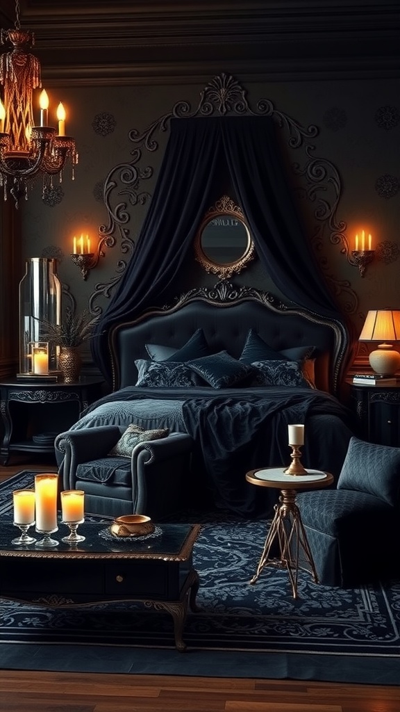 A modern gothic glam bedroom featuring black walls, an ornate headboard, plush bedding, and soft candlelight.