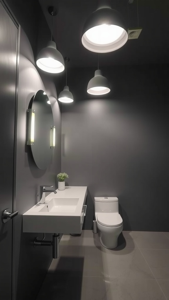 Modern gray and white bathroom with stylish lighting fixtures and a minimalist design.