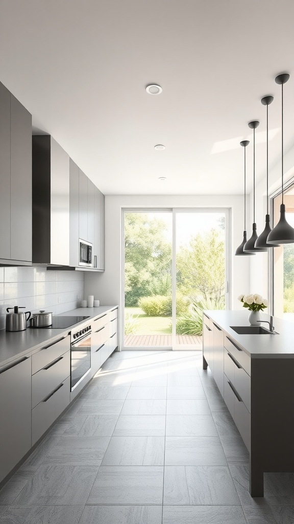 A modern gray U-shaped kitchen with sleek cabinetry and large windows