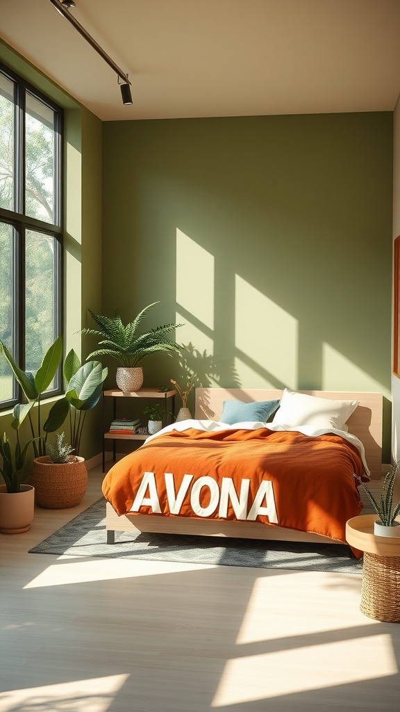 A modern bedroom featuring green walls, a terracotta blanket, and potted plants, showcasing minimalist design.