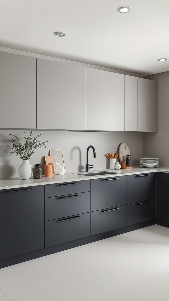Modern kitchen with grey and charcoal two-toned cabinets