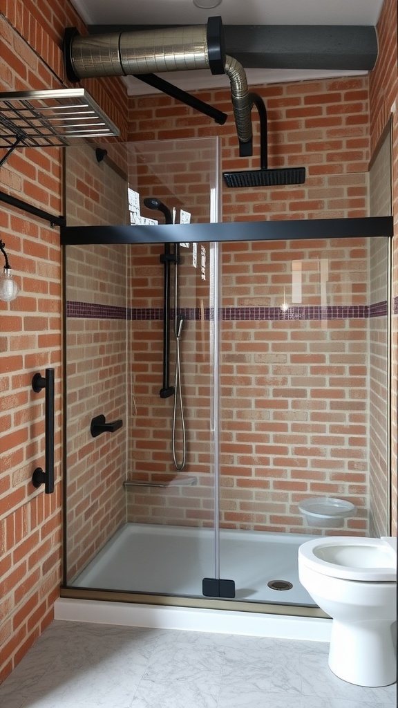 A modern industrial style bathroom featuring exposed brick walls, a glass shower, and metallic fixtures.