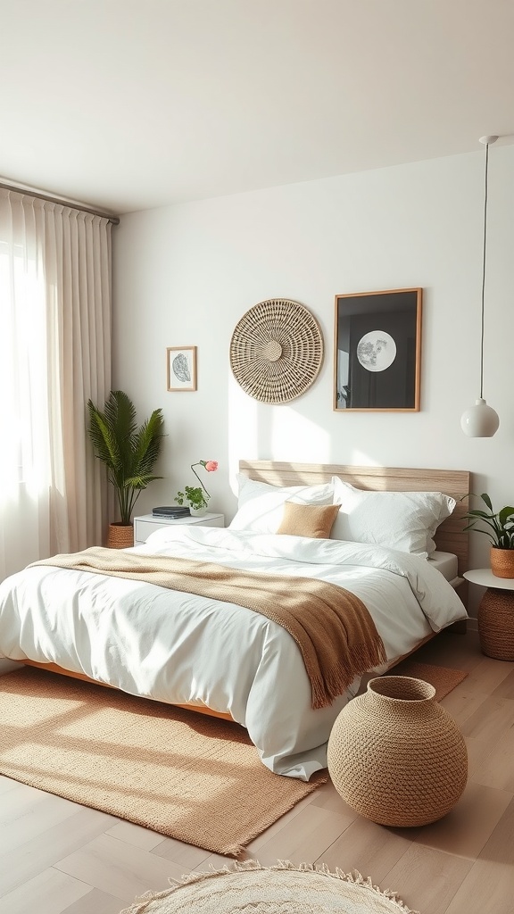 A modern minimalist bedroom with earthy tones, natural elements, and soft lighting.