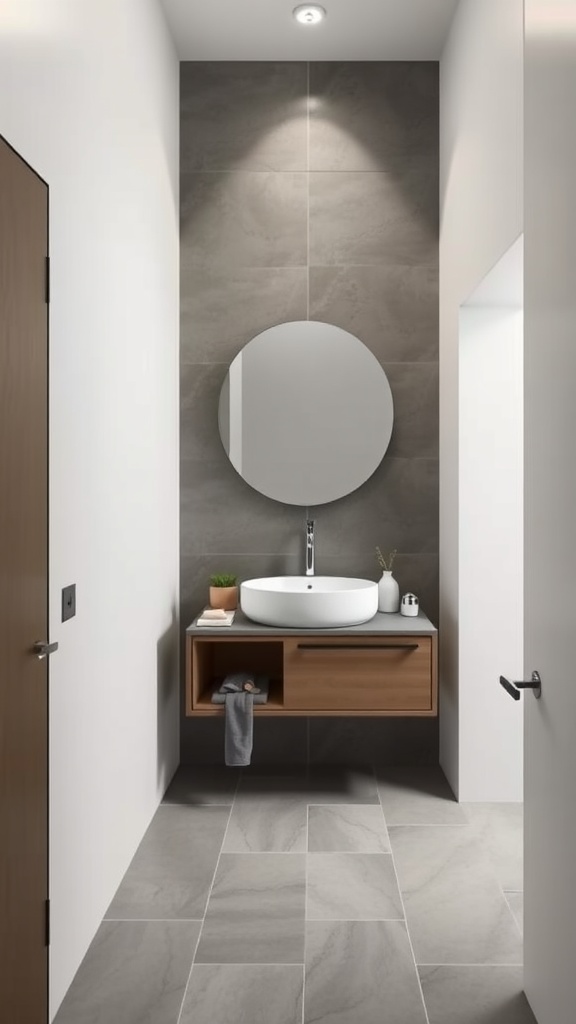 A modern minimalist guest bathroom featuring a round mirror, a floating wooden vanity, and gray tile flooring.