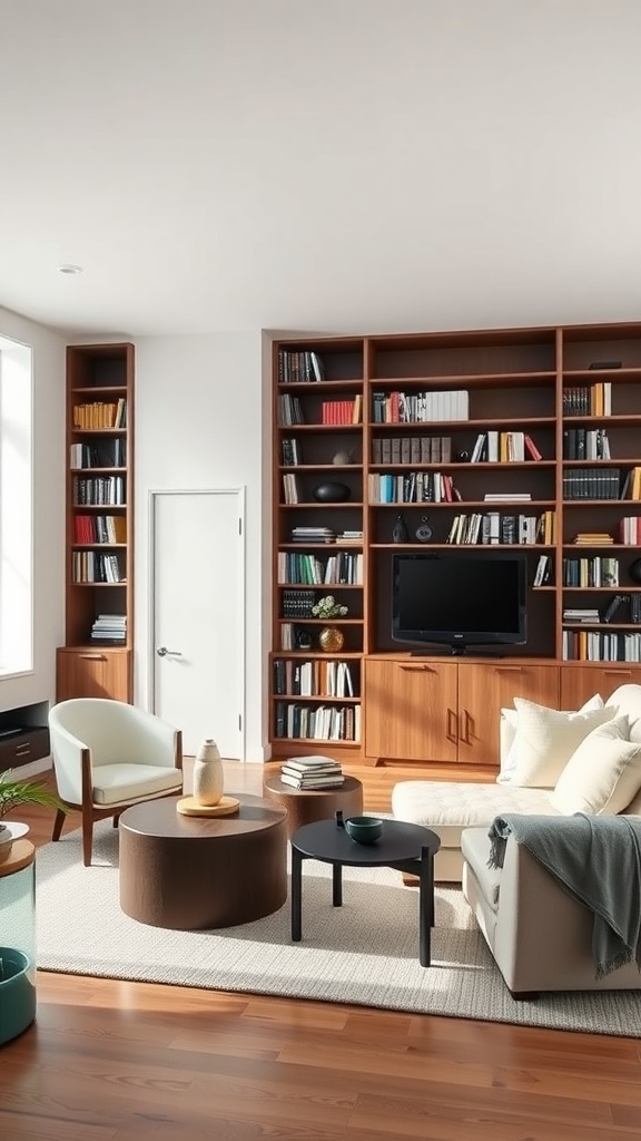 Cozy minimalist home library with modern furniture and wooden bookshelves.