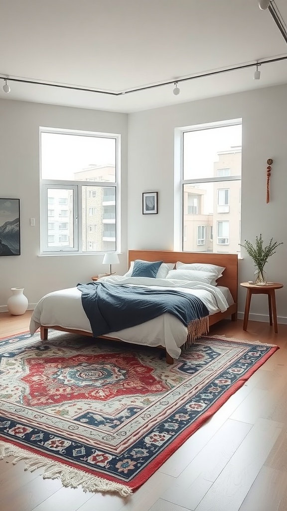 A modern minimalist bedroom featuring a wooden bed, soft bedding, and a colorful Boho style bedroom rug.