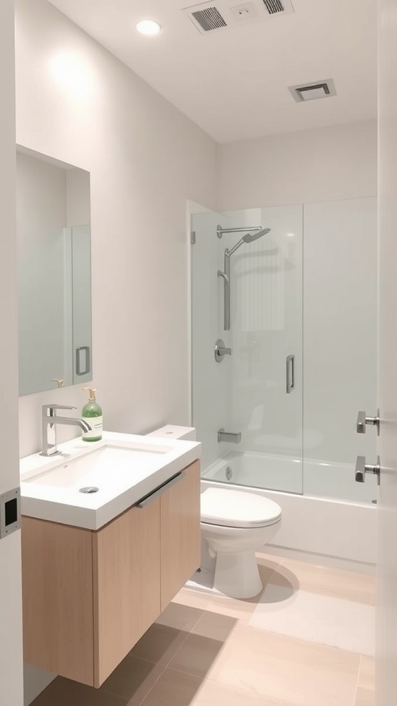 Modern minimalist bathroom with light tones, wooden vanity, and a frameless glass shower