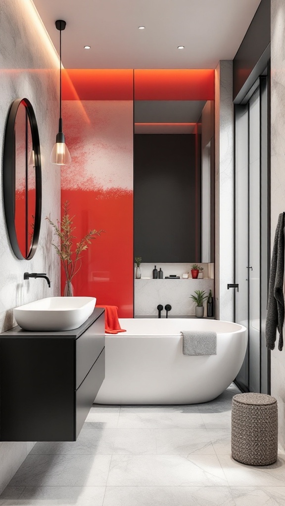 A modern bathroom featuring black walls, a white bathtub, and bold red accents.