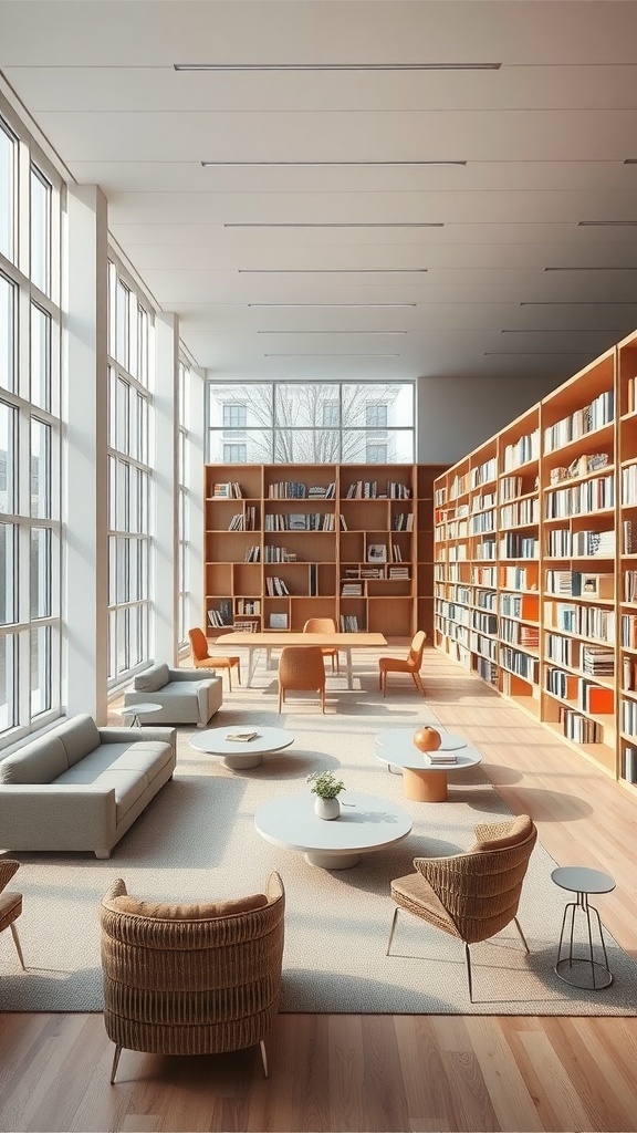 A spacious modern library with large windows, wooden bookshelves, and comfortable seating.