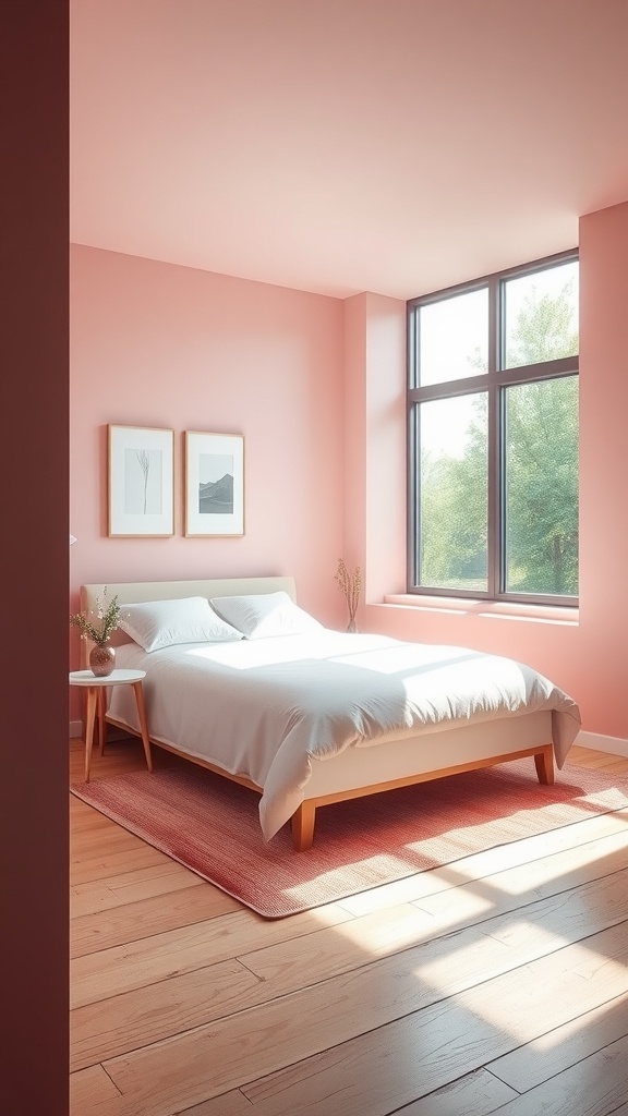 A modern pink minimalist bedroom featuring a bed with white linens, pink walls, and large windows allowing natural light.