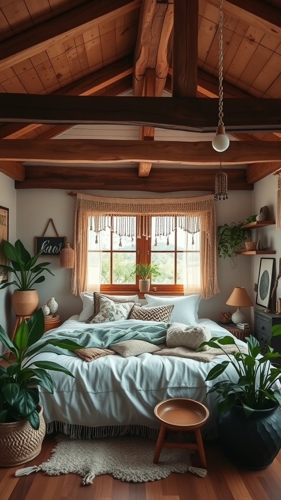 A cozy modern rustic bedroom featuring wooden beams, layered linens on the bed, and potted plants.