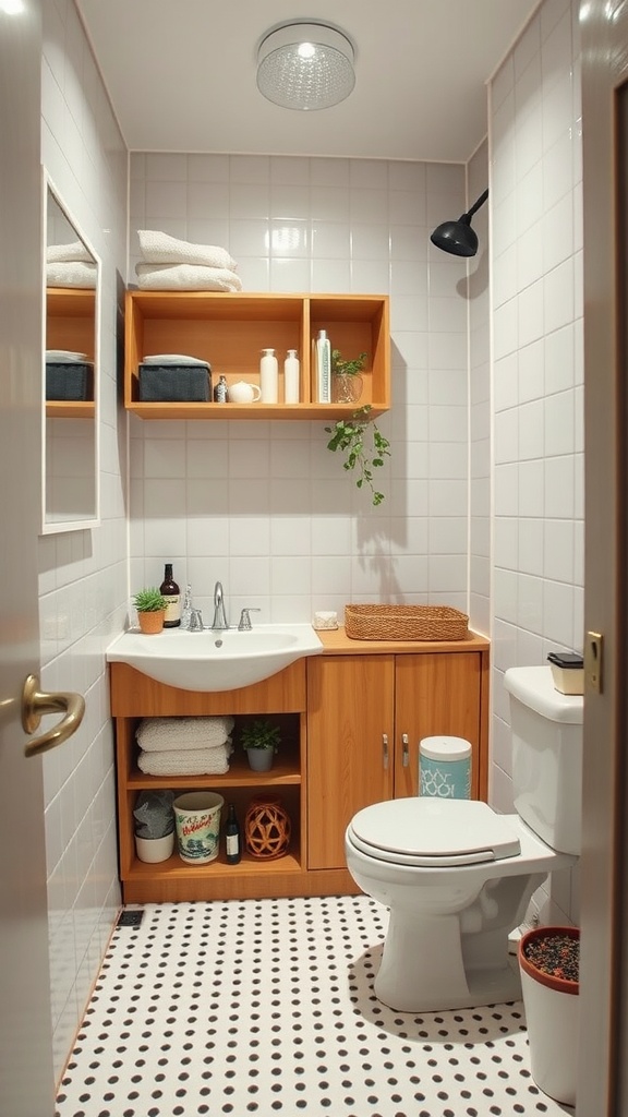 A modern bathroom featuring modular storage solutions with wooden shelves and cabinets.