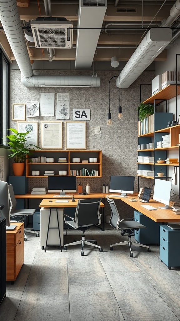 A modular workspace featuring multiple desks, computers, and organized shelving.