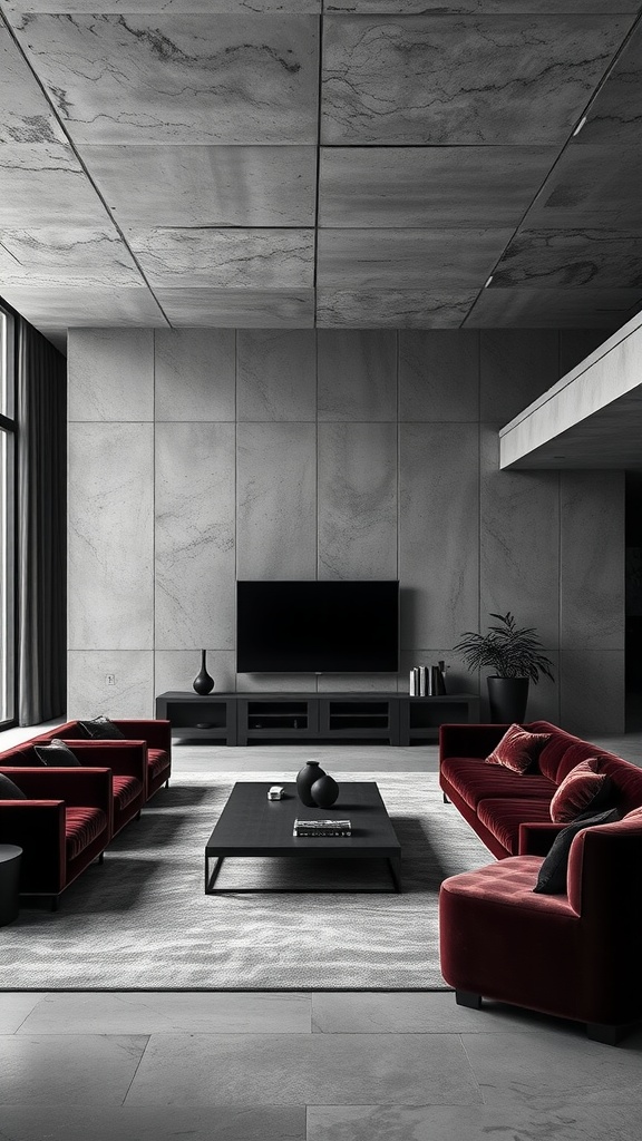 A monochromatic brutalist living room featuring concrete walls and velvet furniture.