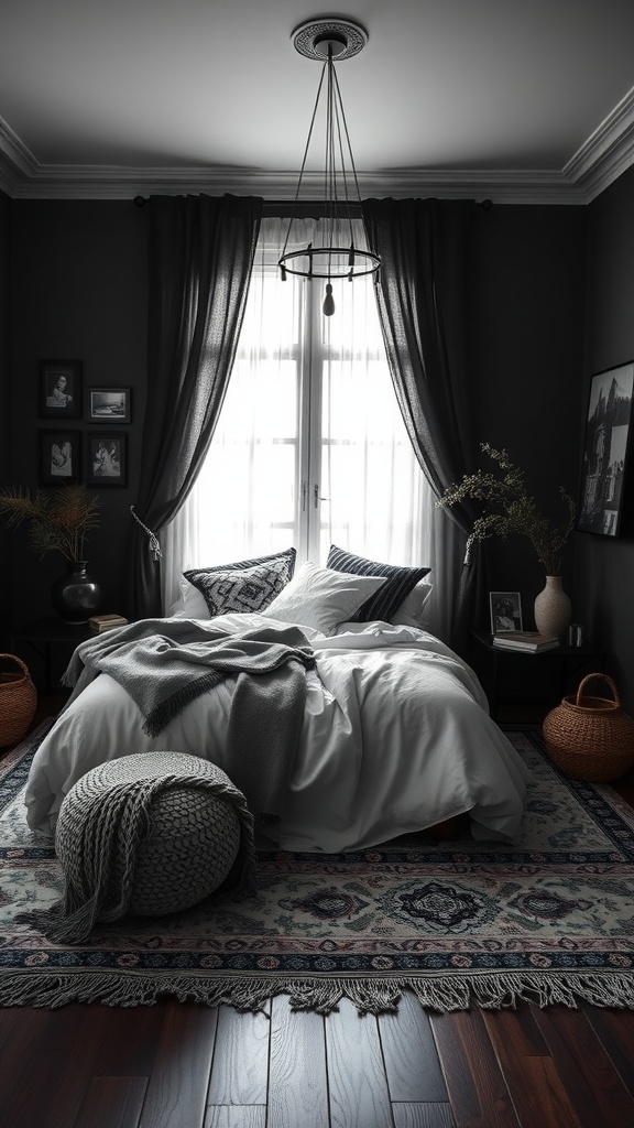 A cozy bedroom featuring monochromatic decor with black walls, white bedding, and bohemian accents.