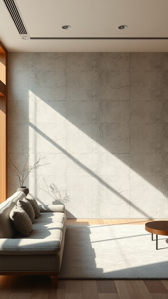 A modern living room featuring a textured monochromatic wall, soft sofa, and warm wood accents.