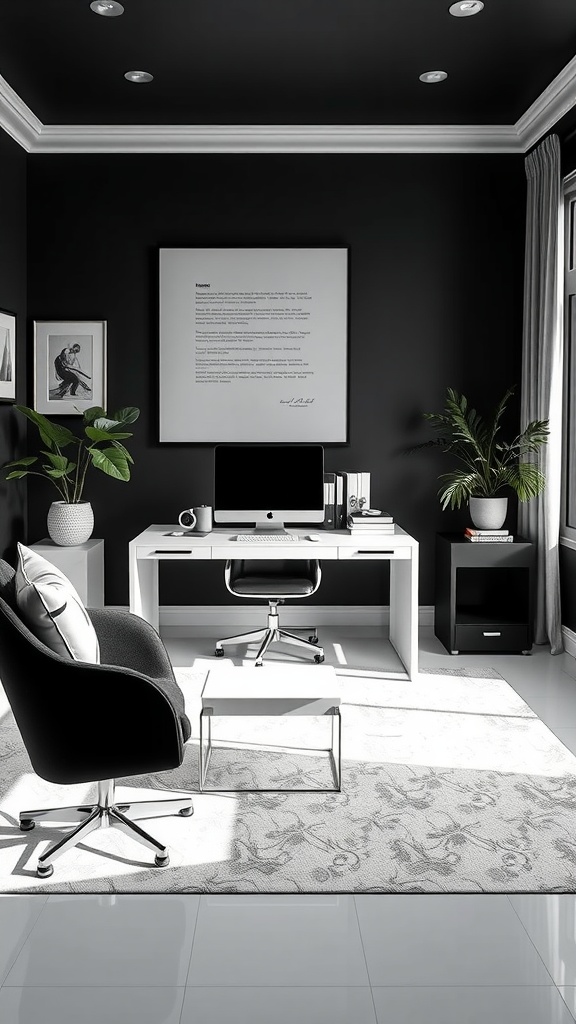 Modern home office with a monochromatic theme, featuring dark walls, white furniture, and a touch of greenery.