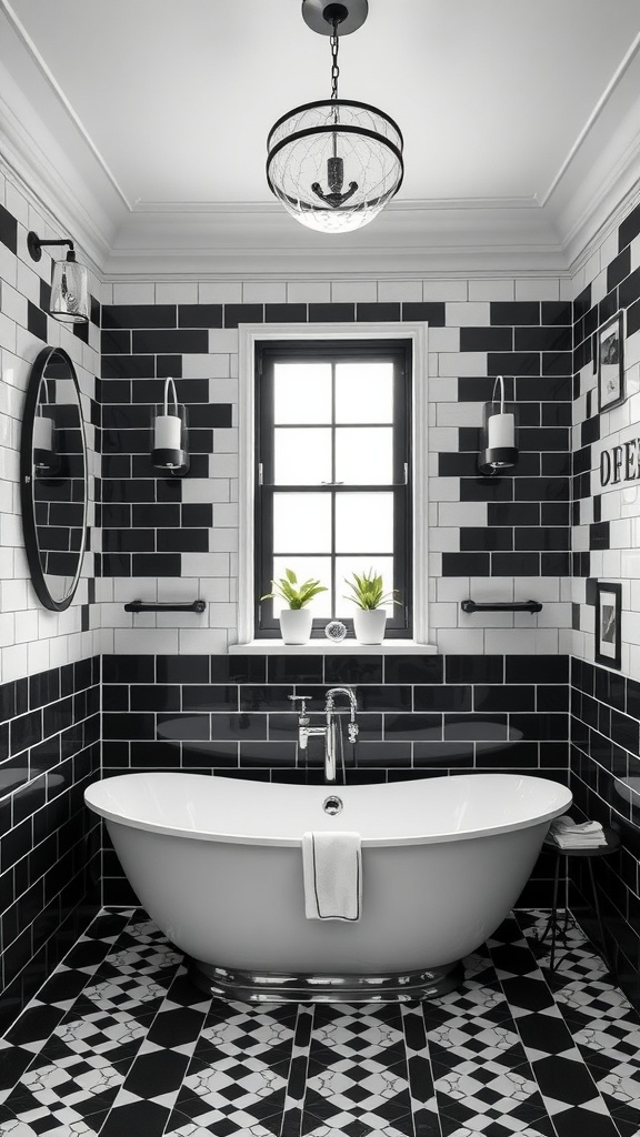 A black and white bathroom featuring a freestanding tub, patterned floor tiles, and a window with potted plants.