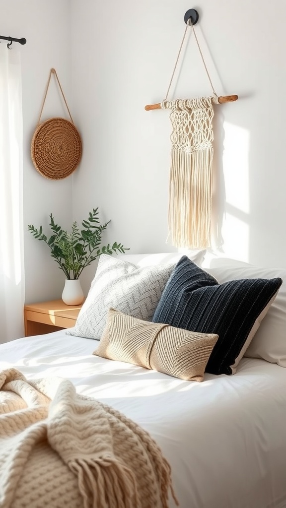 A small bedroom featuring a bed with textured pillows, a chunky knit blanket, and macramé wall hangings, creating a cozy boho style.