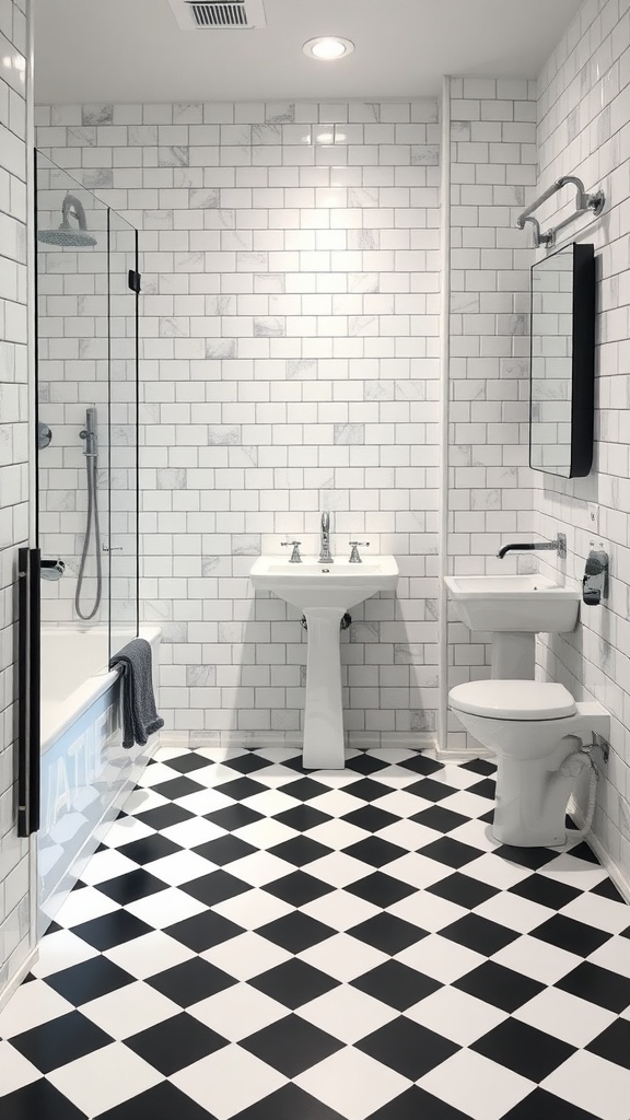 A modern bathroom featuring black and white checkered floor tiles with white subway tiles on the walls.