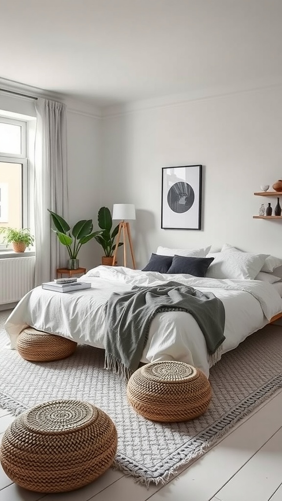 A minimalist bedroom featuring a white bed with textured pillows, woven poufs, and plants, embodying Scandi Boho style.