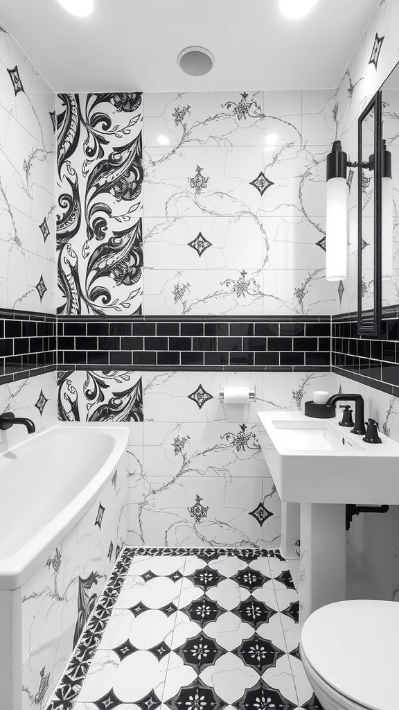 A stylish black and white bathroom featuring a mix of patterned and solid tiles, showcasing monochrome magic.