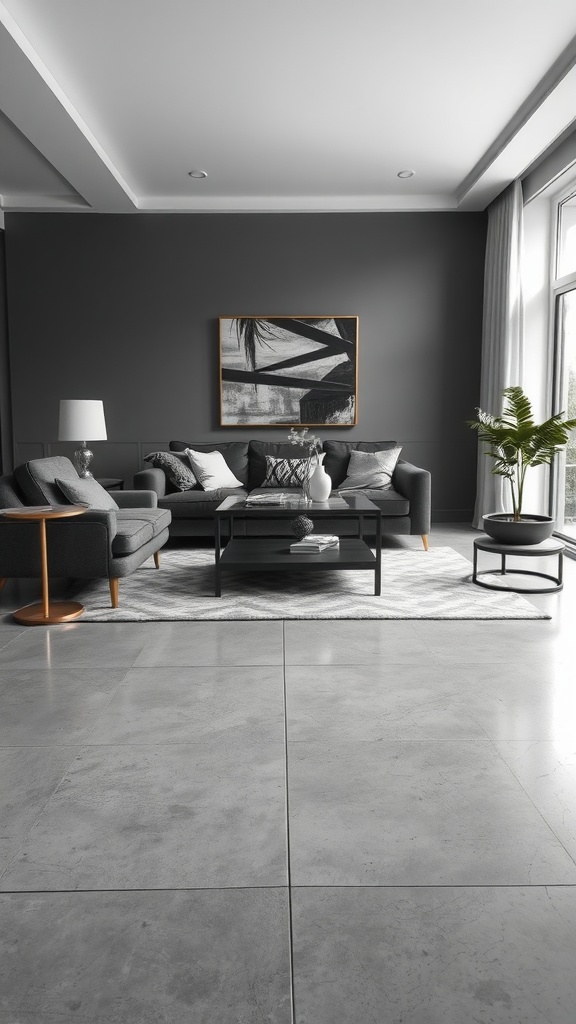 A modern living room featuring a monochrome color scheme with a velvet sofa, concrete floor, and a large window.