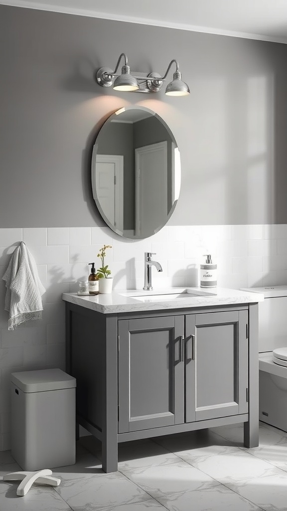 Gray and white bathroom featuring a modern gray vanity, marble countertop, and round mirror