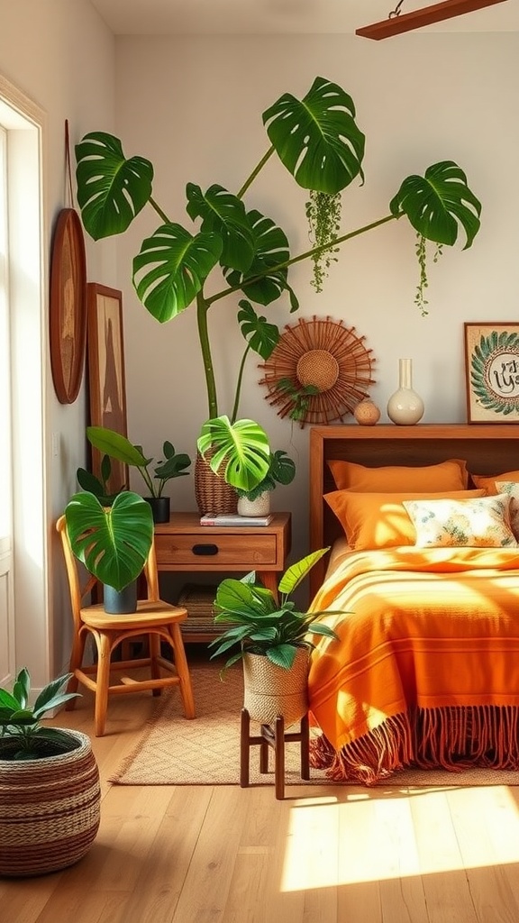 A Boho jungle themed bedroom featuring a large Monstera Deliciosa plant next to a cozy bed with orange bedding and wooden furniture.