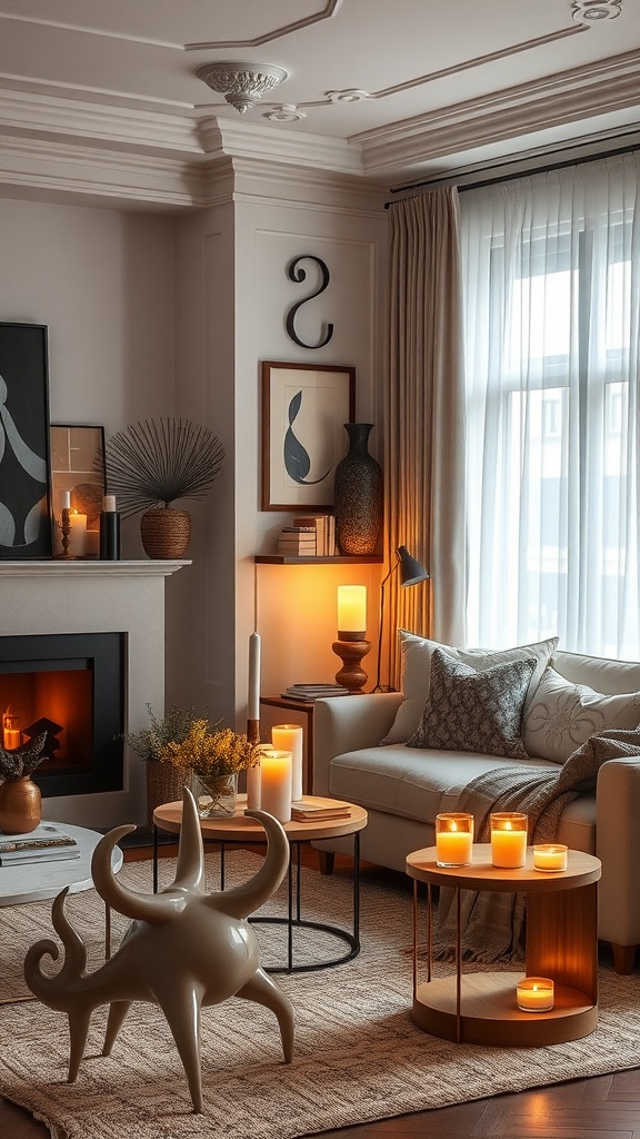 A stylish living room featuring candles, a unique sculpture, and warm lighting.