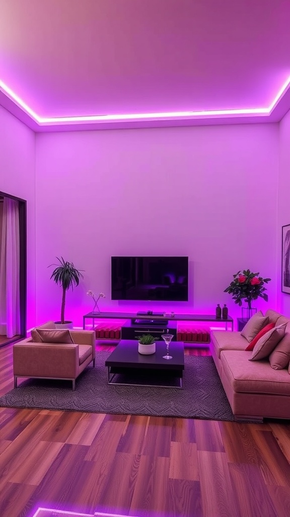 Living room with mood-enhancing purple LED strip lights