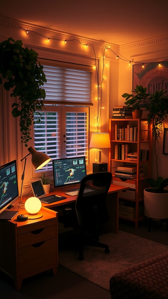 Cozy fall home office with warm lighting, plants, and a computer setup